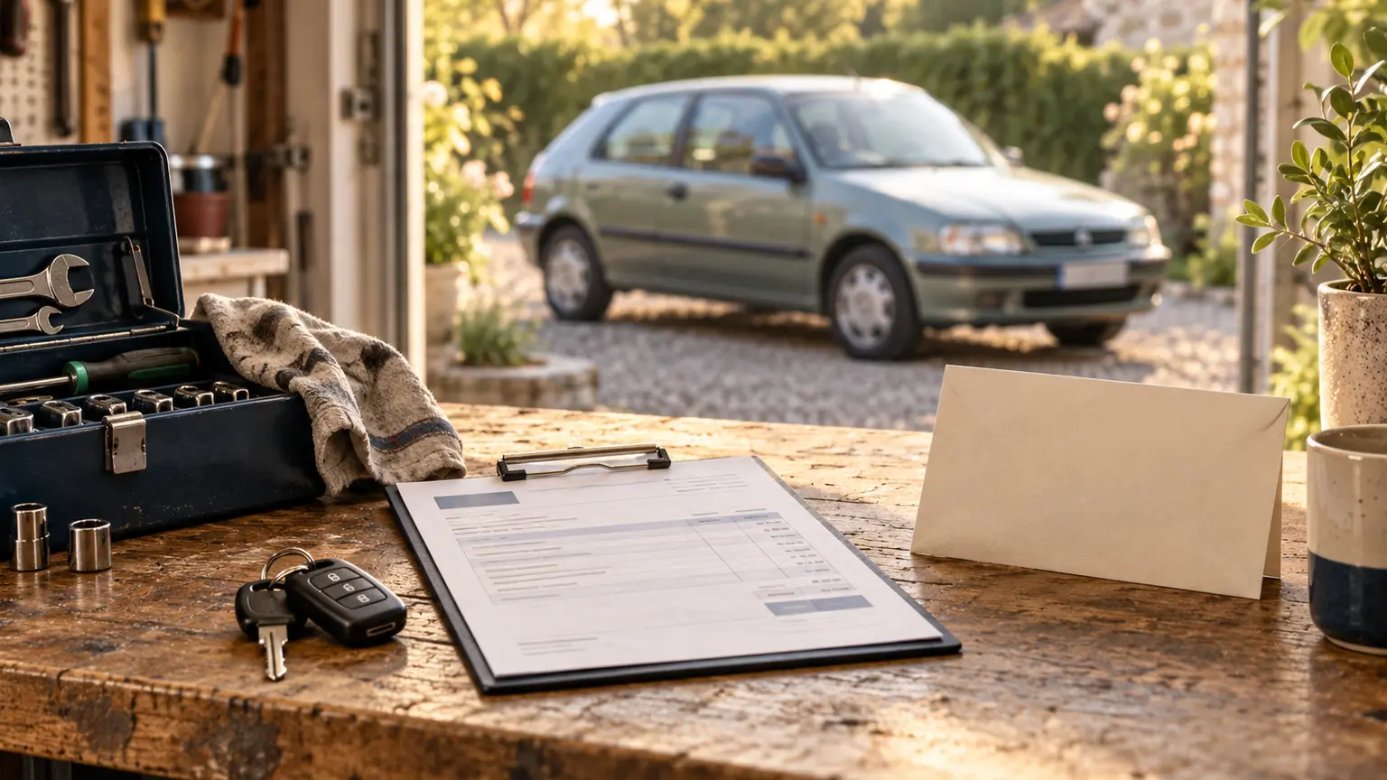Car keys, a repair estimate and a savings envelope on a workbench