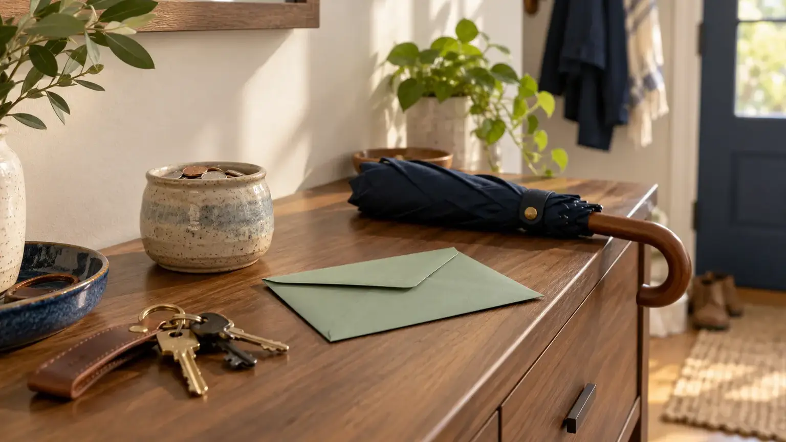 A calm entryway shelf with a green emergency envelope, keys and a small ceramic savings jar in soft daylight