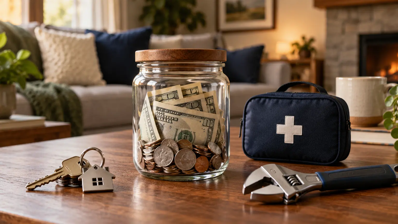 Emergency savings beside keys, a medical pouch and urgent repair tools