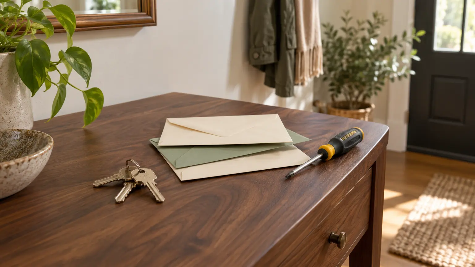 House keys beside three plain reserve envelopes and a small tool on a calm entryway table