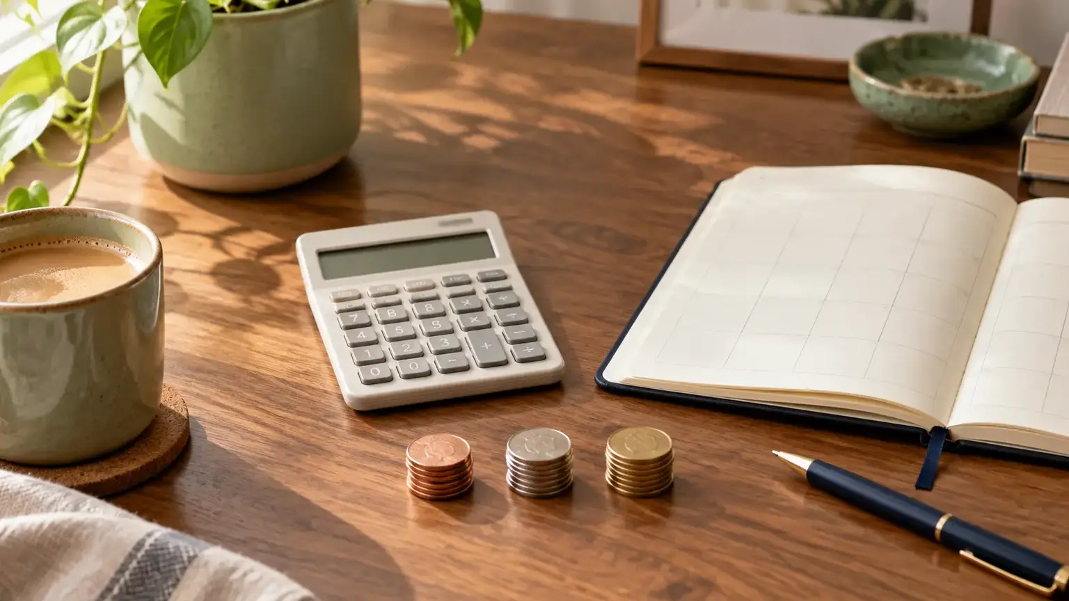 A calculator, blank monthly planner and small stack of coins arranged on a warm walnut desk