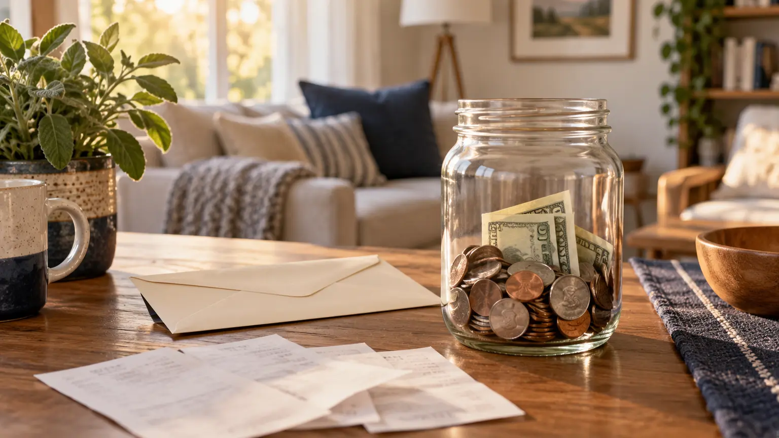 A partly refilled emergency savings jar in warm morning light