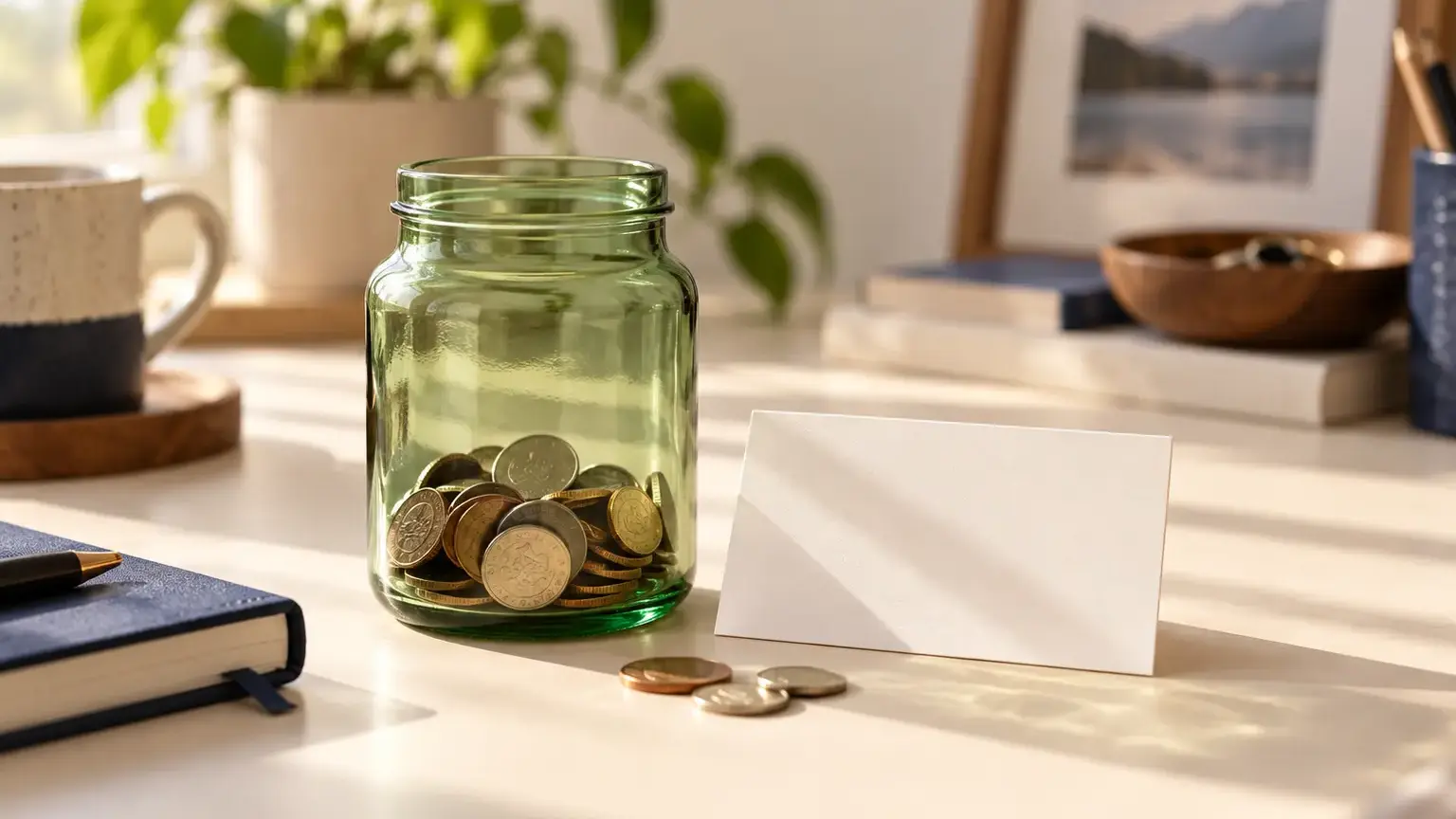 A single green glass jar set apart on a sunlit desk with a handwritten goal card and a few coins