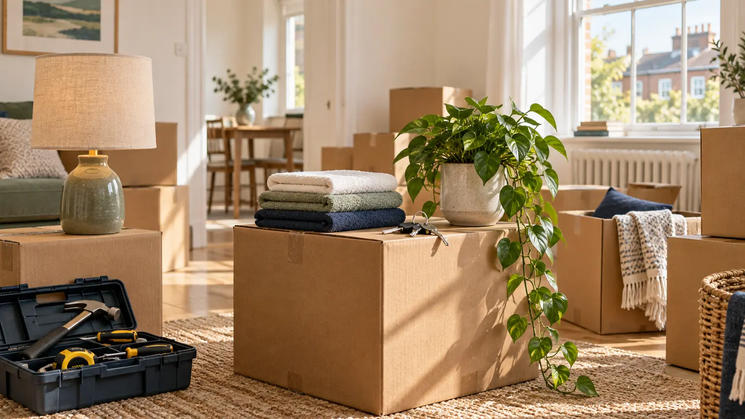 Moving boxes, tools and home essentials in a bright apartment