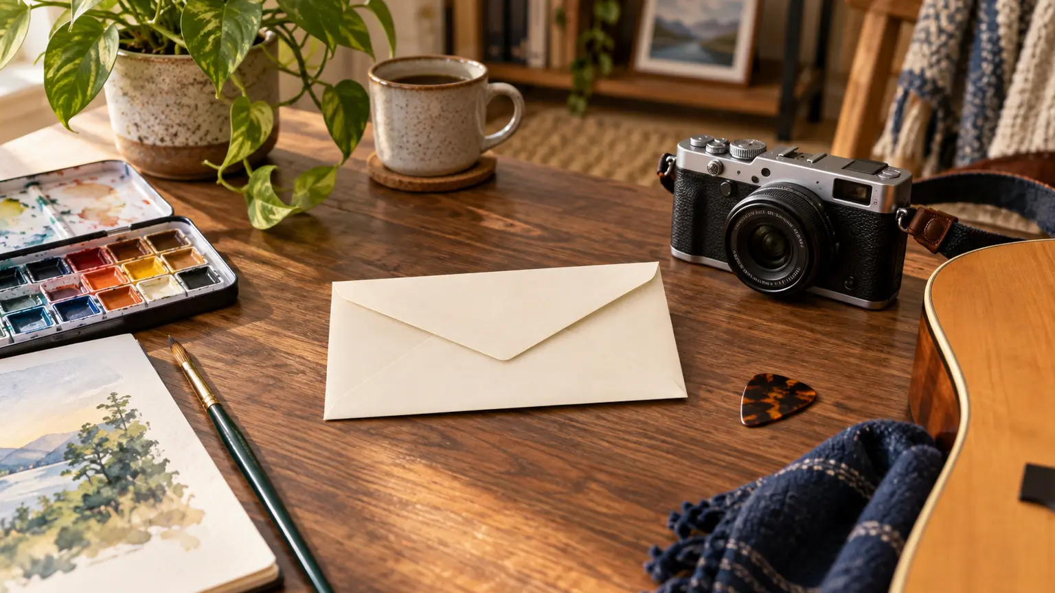 Creative hobby supplies beside a dedicated savings envelope