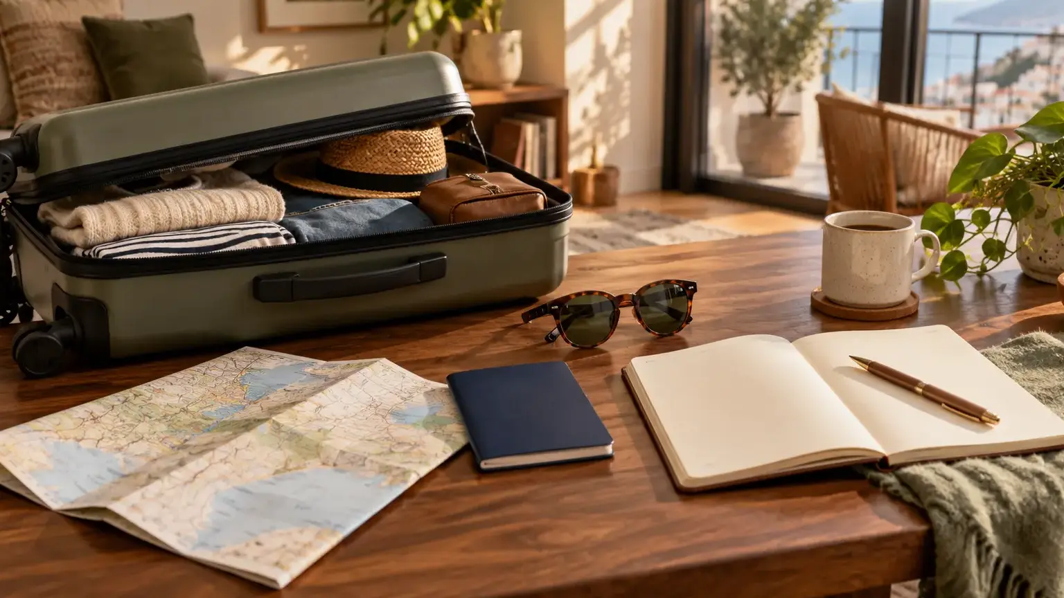 A thoughtfully arranged travel planning scene with a small suitcase, paper map, sunglasses and notebook in warm natural light