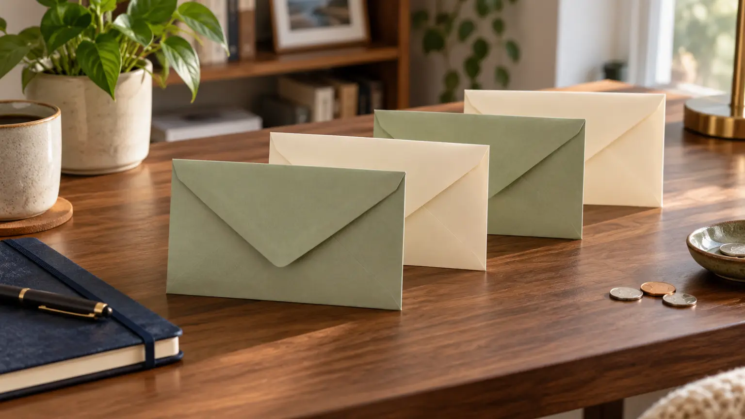 Four plain savings envelopes arranged in a clear order beside a notebook and coins
