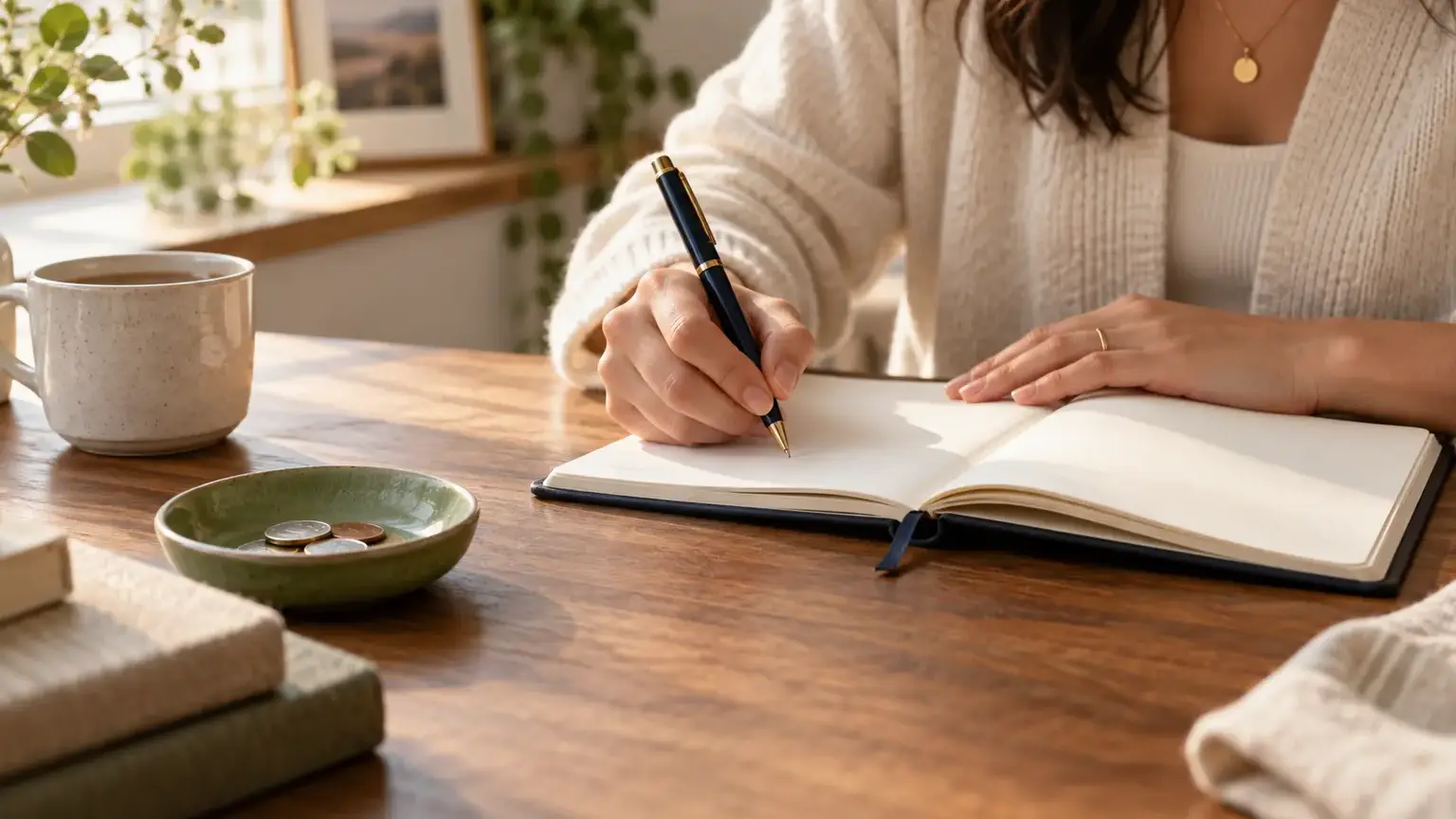 A person writing a savings promise in a notebook beside a ceramic cup and small stack of coins