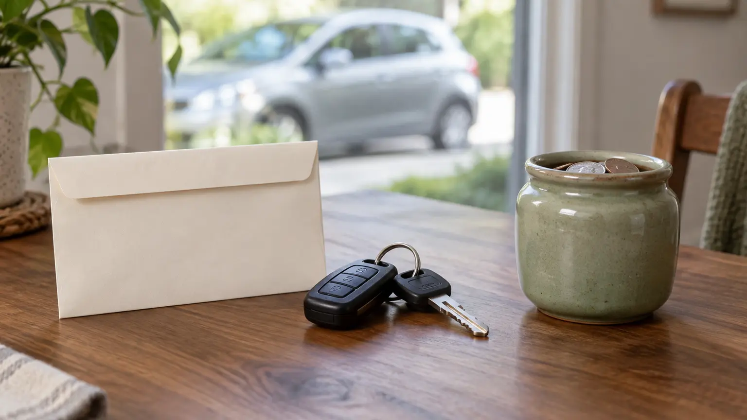Car keys resting between a savings envelope and an emergency jar on a walnut table
