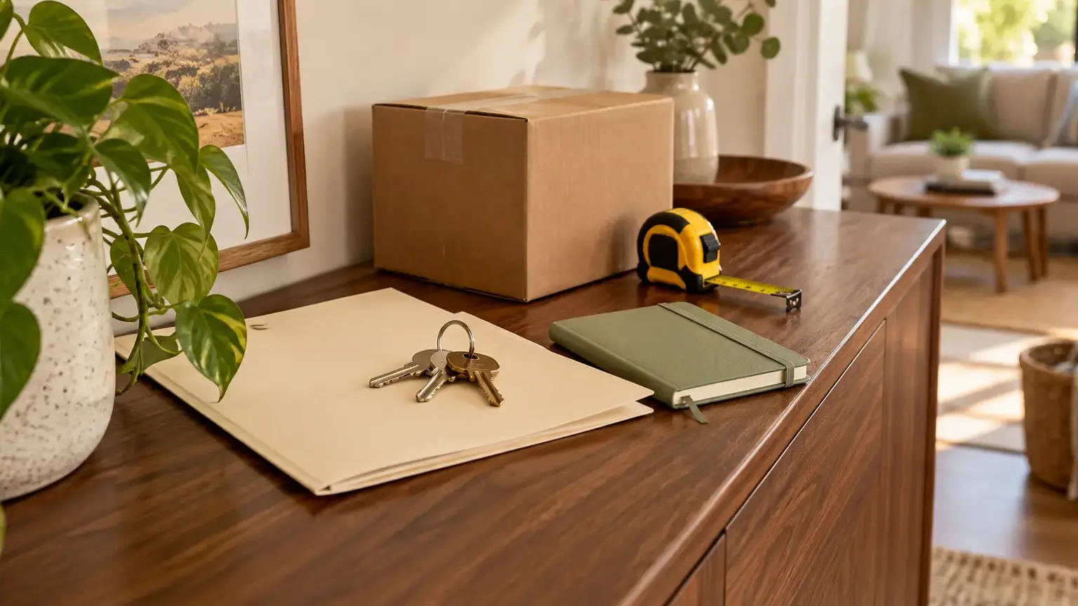House keys, a plain folder and a small moving box arranged beside a savings notebook