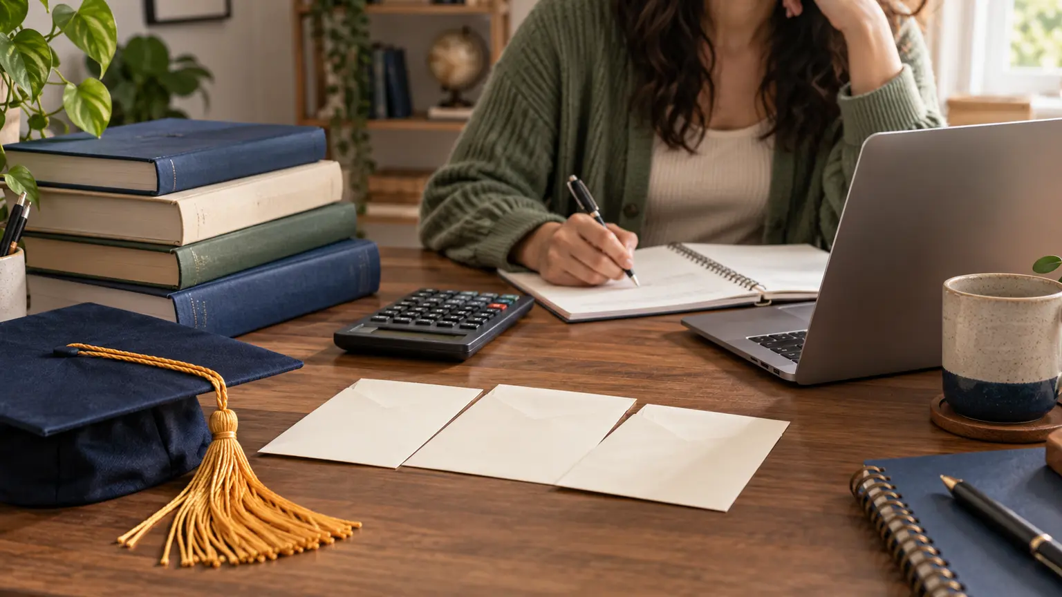 Course materials, a calculator and tuition envelopes on a study desk