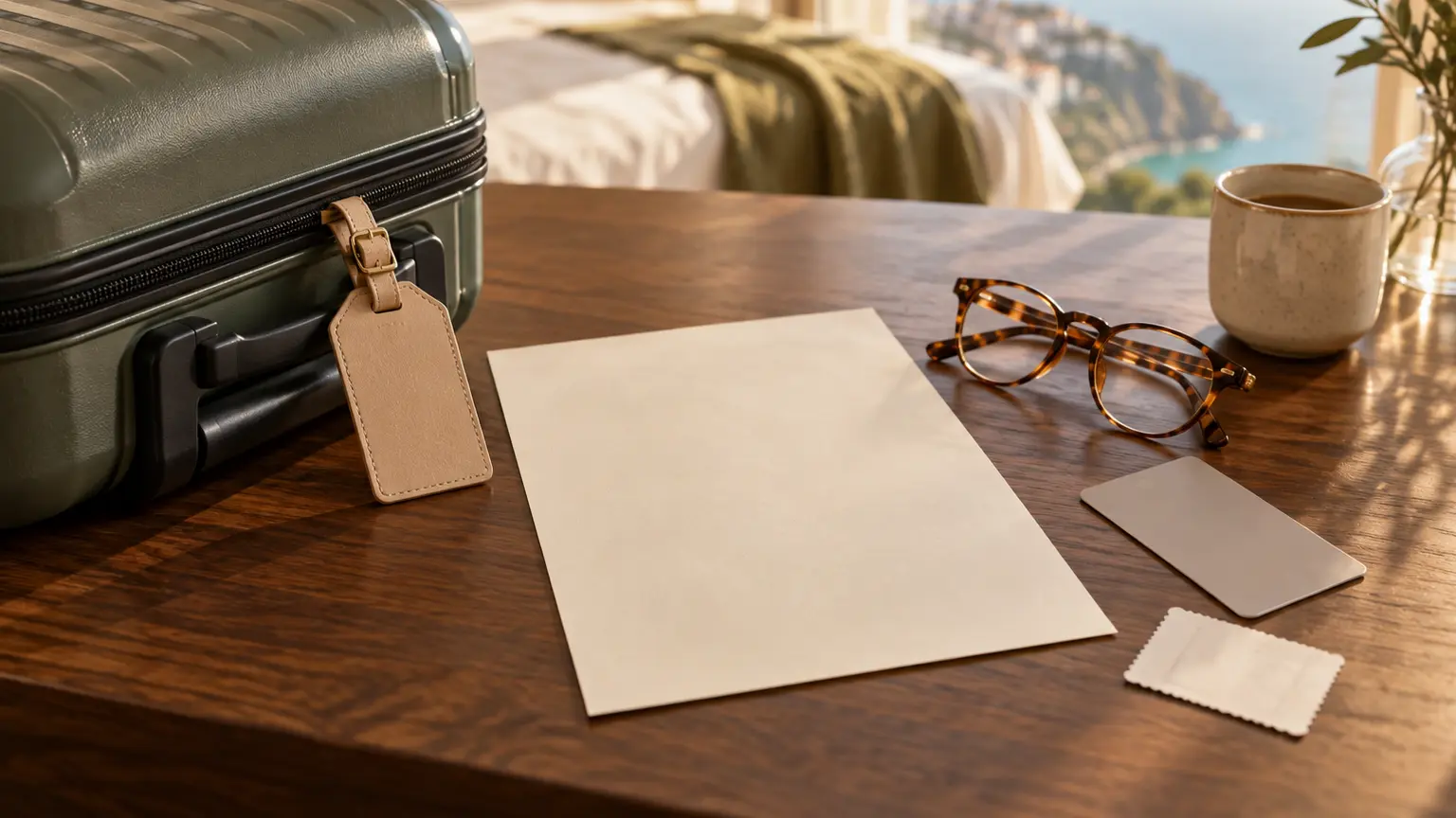A blank travel itinerary surrounded by a suitcase, luggage tag, hotel key card and parking ticket without readable text