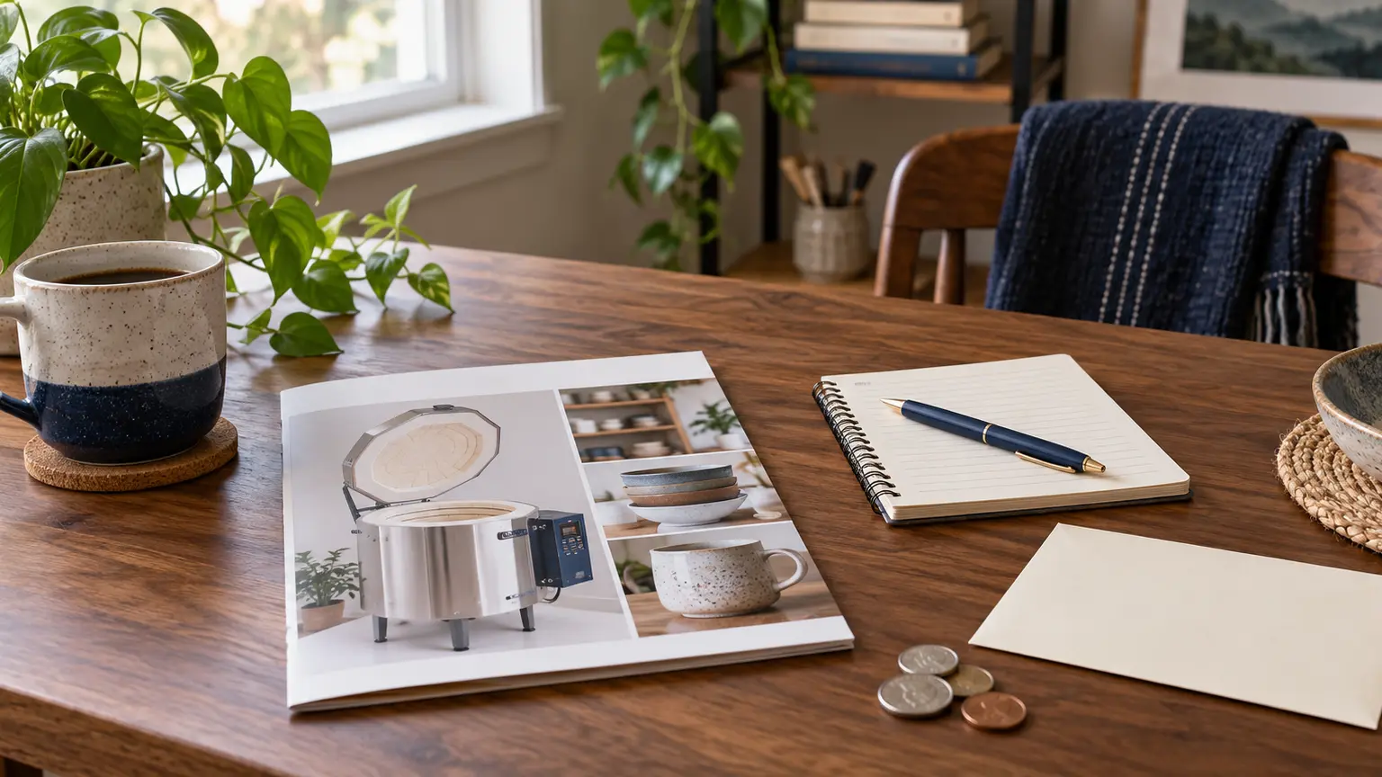 Envelopes and a creative project notebook on a warm wooden table
