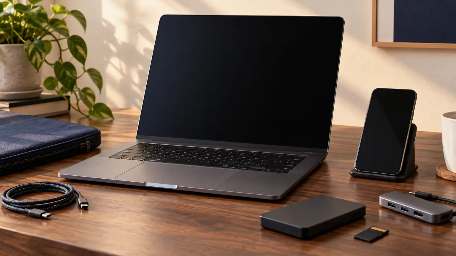 An unbranded laptop and phone surrounded by cables, adapters, a case and a software card without text