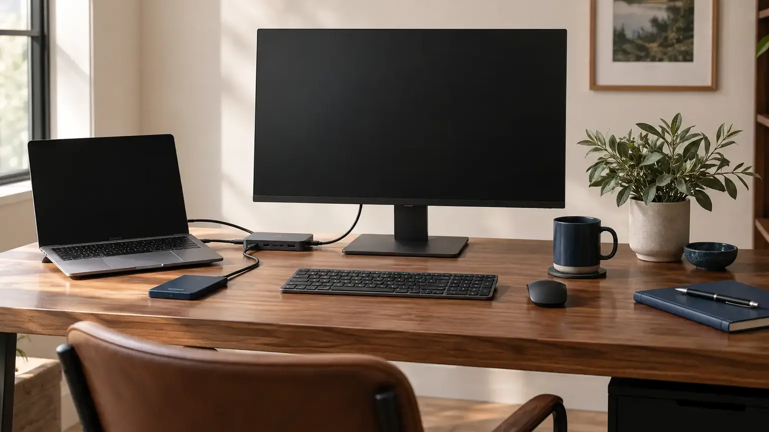 An unbranded computer, monitor and essential accessories arranged in a calm walnut workspace