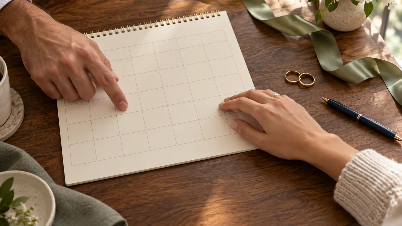 Two hands reviewing a blank wedding calendar beside simple rings, cream stationery and a sage ribbon