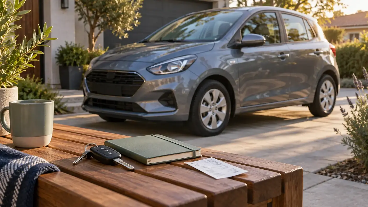 An unbranded compact car parked outside a home beside keys, a maintenance notebook and a fuel receipt with no readable text