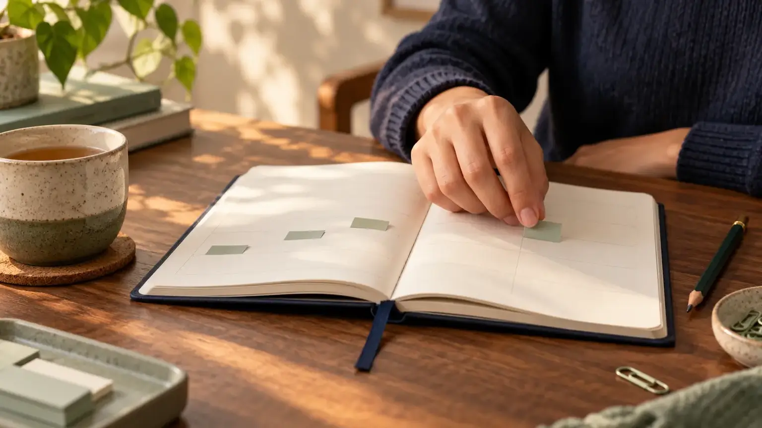 An open paper planner with one date gently moved to a later day beside a pencil and cup of tea