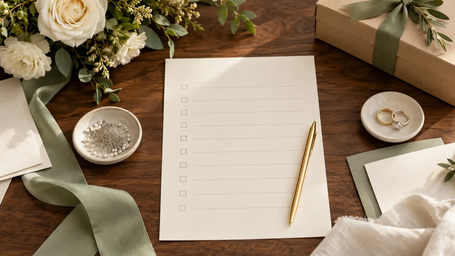 Wedding stationery, ribbon, dress alteration pins and a delivery box arranged around a blank checklist
