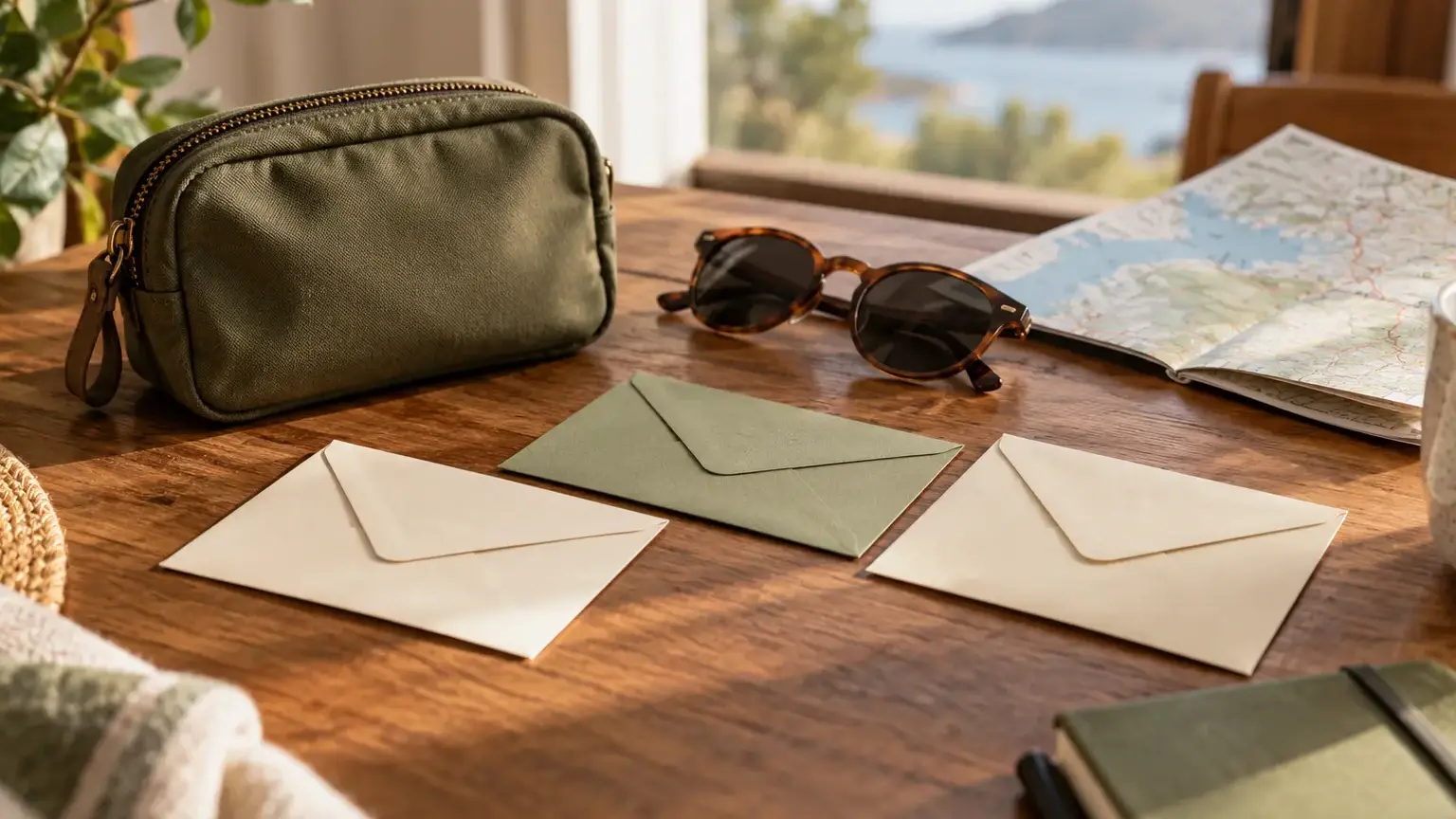 A small travel pouch beside three neatly separated savings envelopes on a sunlit desk