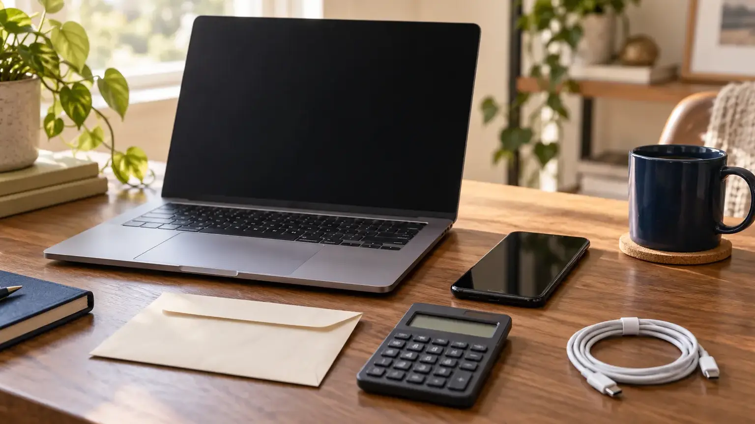 A modern laptop and phone on a walnut desk beside a calculator and a small savings envelope