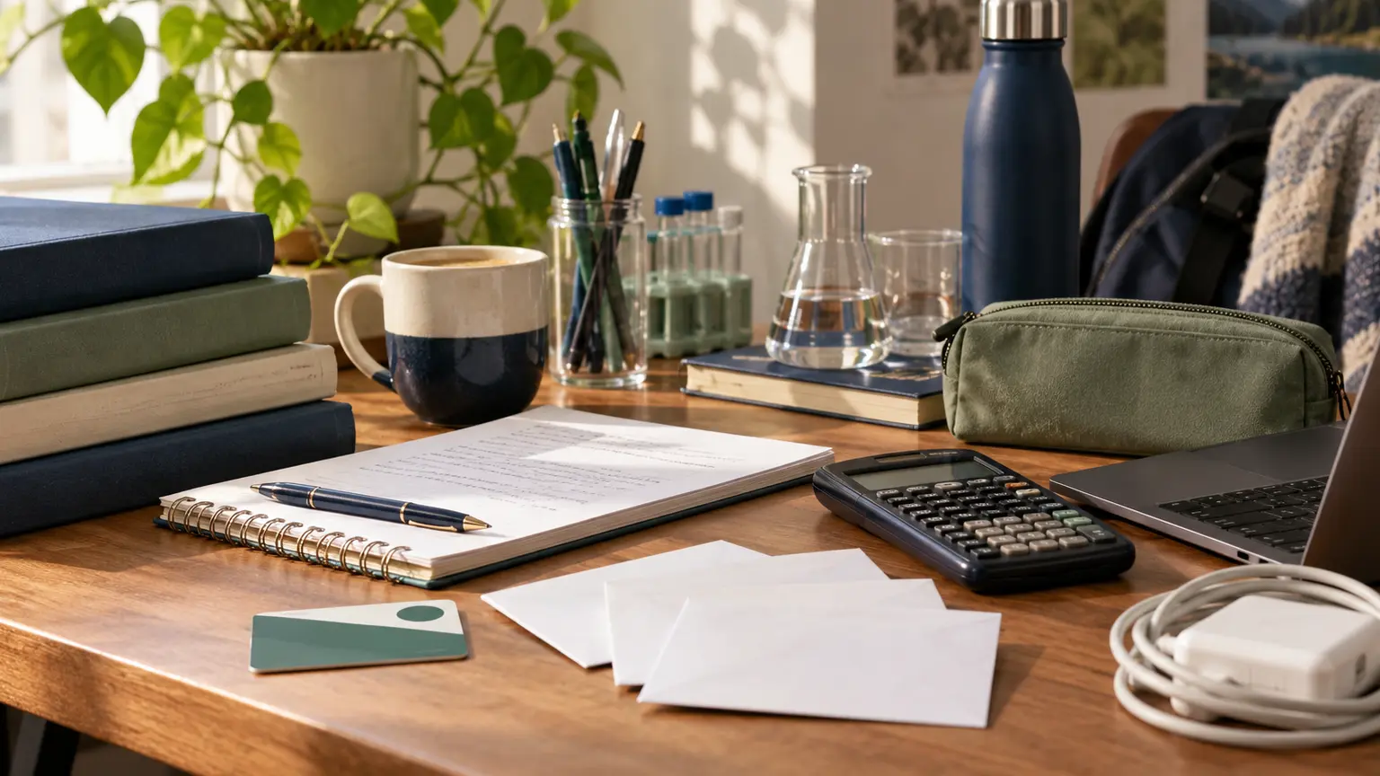 Books, course supplies and separate fee envelopes on a study desk
